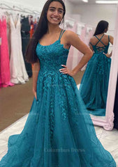 A-line Bateau Court Train Tulle Glitter Corset Prom Dress With Appliqued Beading outfit, Bridesmaides Dresses Green