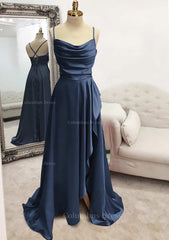A-line Bateau Spaghetti Straps Long/Floor-Length Satin Corset Prom Dress With Pleated Split outfit, Bridesmaid Dresses 3 34 Length