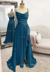 A-line Bateau Spaghetti Straps Long/Floor-Length Satin Corset Prom Dress With Pleated Split outfit, Bridesmaid Dress As Wedding Dress