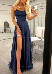 A-line Bateau Spaghetti Straps Sweep Train Charmeuse Corset Prom Dress With Split outfit, Prom Dresses Boutique