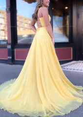 A-line Bateau Spaghetti Straps Sweep Train Chiffon Corset Prom Dress outfits, Party Dresses 2050