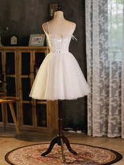 A-Line Beige Tulle Short Corset Prom Dress, Beige Cute Corset Homecoming Dress outfit, Elegant Dress