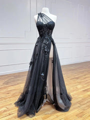 A-Line Black Tulle Lace Long Corset Prom Dress, Black Corset Formal Graduation Dress outfits, Party Dress Satin