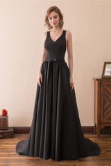 A-Line Black V-neck Satin Backless Trail Corset Prom Dresses outfit, Formal Dress Elegant Classy