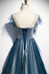 A-line Blue Tulle Long Beaded Corset Prom Dress, A-Line Corset Formal Evening Dress outfit, Party Dresses With Sleeves