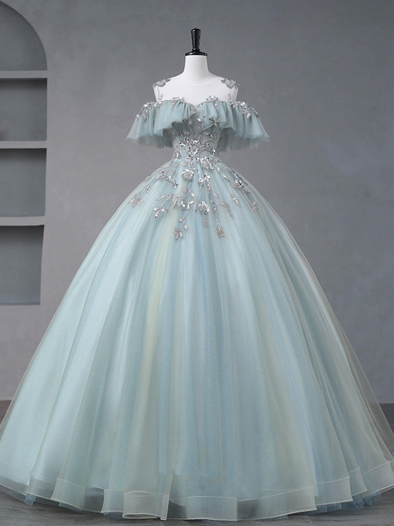 A-Line Blue Tulle sequin Lace Long Corset Prom Dress, Blue Lace Sweet 16 Dress outfit, Evenning Dresses Short