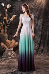 A Line Cap Sleeve Ombre Silk Floor Length Corset Prom Dresses outfit, Bridesmaid Dress Uk