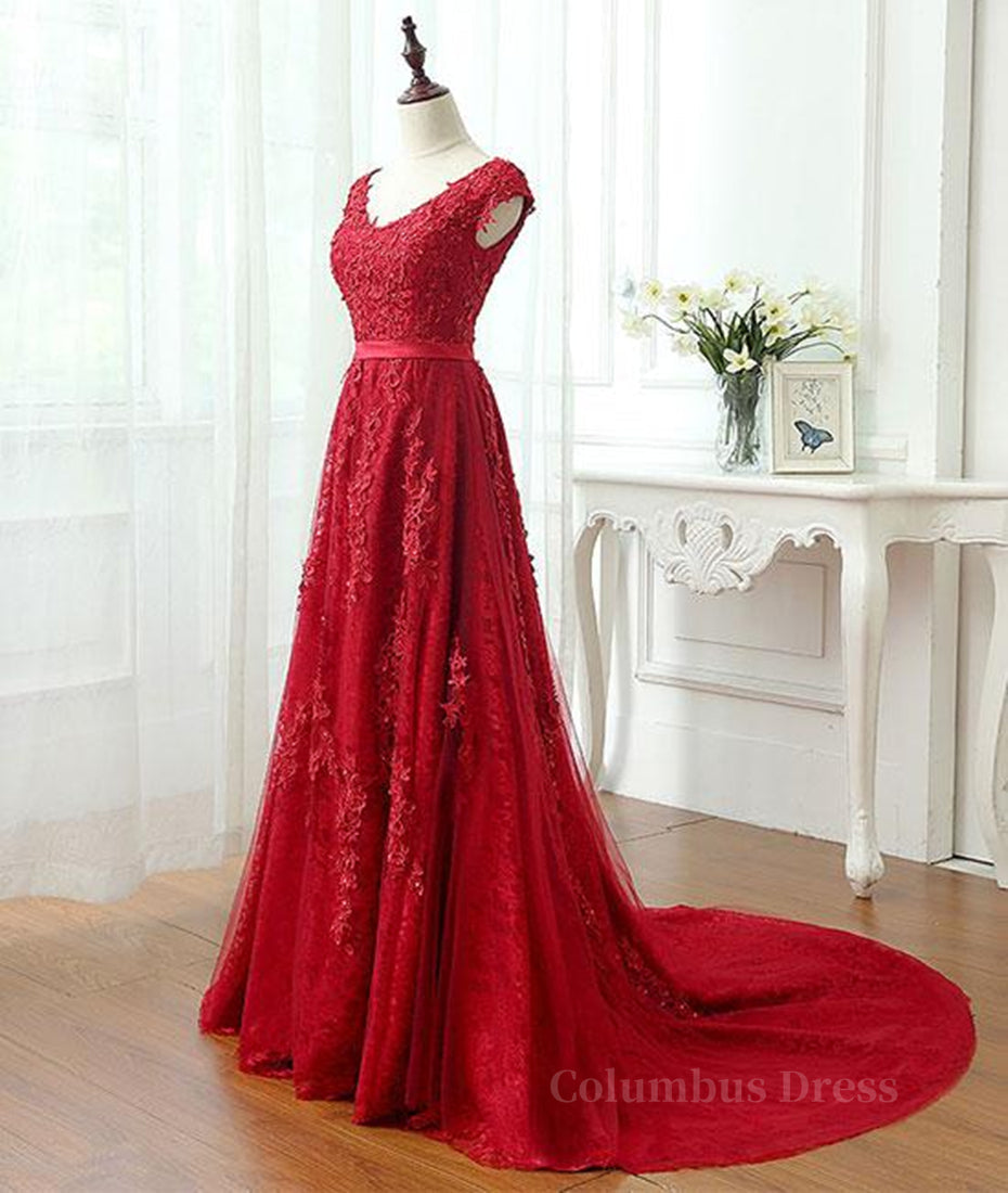 A Line Cap Sleeves Burgundy Lace Long Corset Prom Dress with Appliques, Burgundy Corset Formal Dress, Burgundy Evening Dress outfit, Bridesmaid Dress Sale