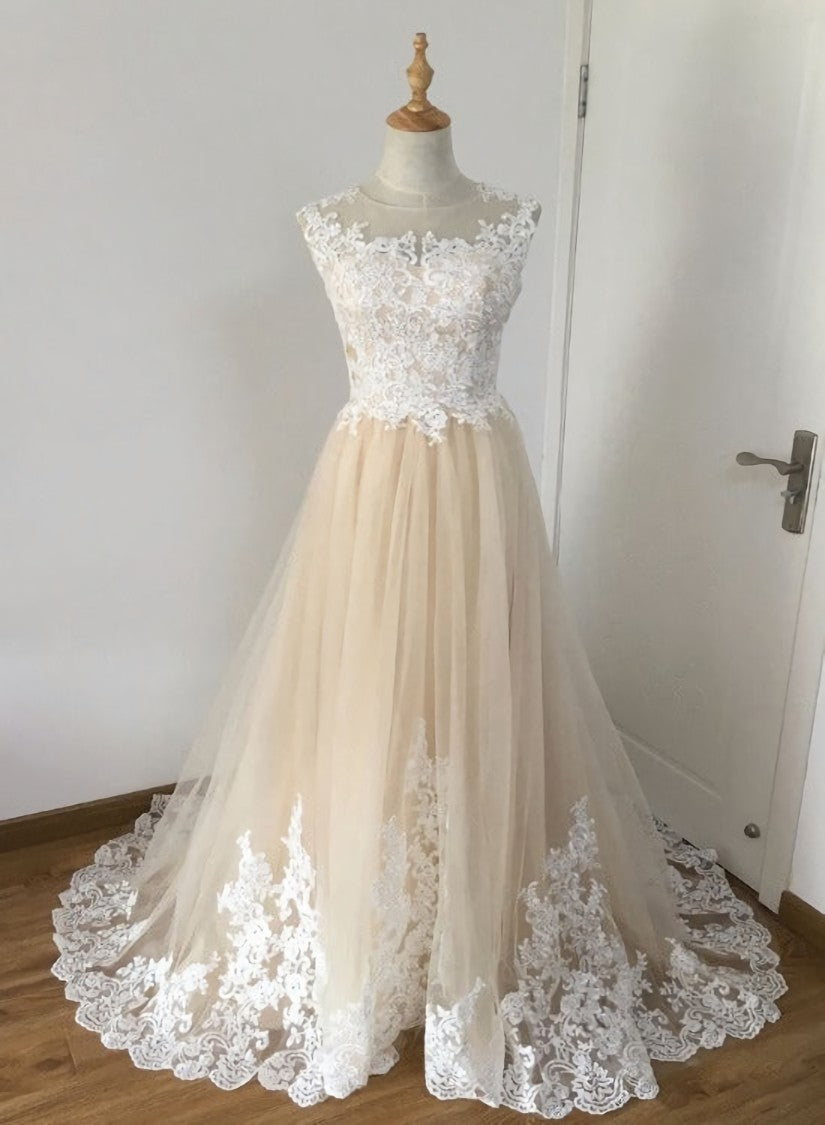A-line Champagne with White Lace Round Neckline Party Dress, Beautiufl Corset Wedding Party Dresses outfit, Wedding Dress Shoes