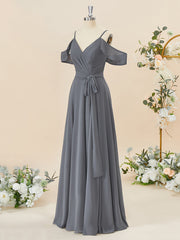 A-line Chiffon Cold Shoulder Pleated Floor-Length Corset Bridesmaid Dress outfit, Formal Dress Wedding