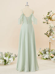 A-line Chiffon Cold Shoulder Pleated Floor-Length Corset Bridesmaid Dress outfit, Formal Dressing Style