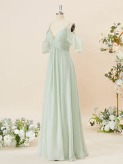 A-line Chiffon Cold Shoulder Pleated Floor-Length Corset Bridesmaid Dress outfit, Formal Dress Style