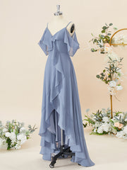 A-line Chiffon Cold Shoulder Ruffles Asymmetrical Corset Bridesmaid Dress outfit, Formal Dress For Wedding Reception