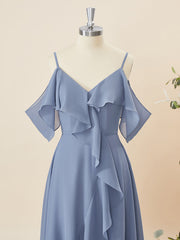 A-line Chiffon Cold Shoulder Ruffles Asymmetrical Corset Bridesmaid Dress outfit, Formal Dresses For Wedding Guest