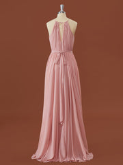 A-line Chiffon Halter Pleated Asymmetrical Corset Bridesmaid Dress outfit, Formal Dresses For Fall Wedding