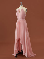 A-line Chiffon Halter Pleated Asymmetrical Corset Bridesmaid Dress outfit, Formal Dress For Girls