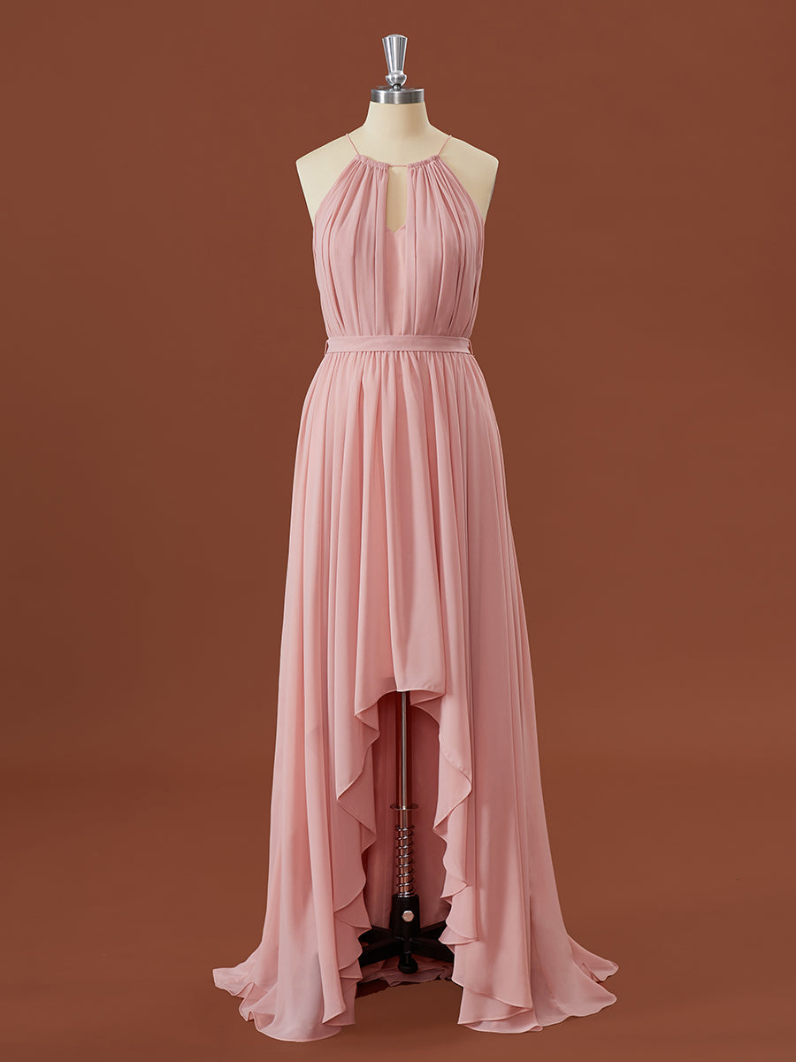 A-line Chiffon Halter Pleated Asymmetrical Corset Bridesmaid Dress outfit, Formal Dresses For Winter Wedding