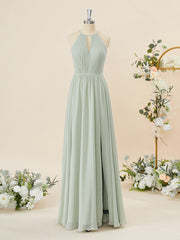 A-line Chiffon Halter Pleated Floor-Length Corset Bridesmaid Dress outfit, Formal Dress Simple
