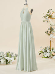 A-line Chiffon Halter Pleated Floor-Length Corset Bridesmaid Dress outfit, Formal Dresses Ball Gown