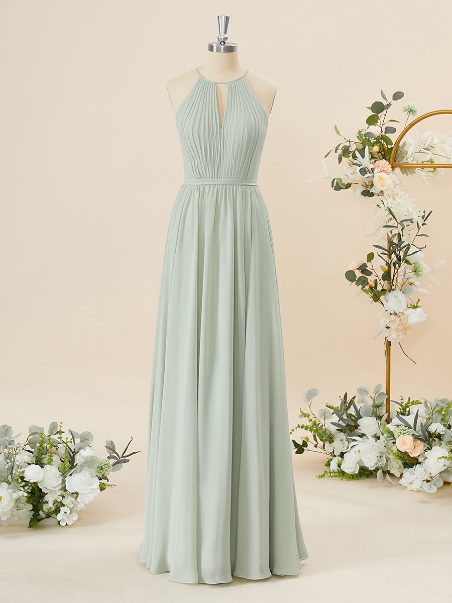 A-line Chiffon Halter Pleated Floor-Length Corset Bridesmaid Dress outfit, Formal Dresses 2039