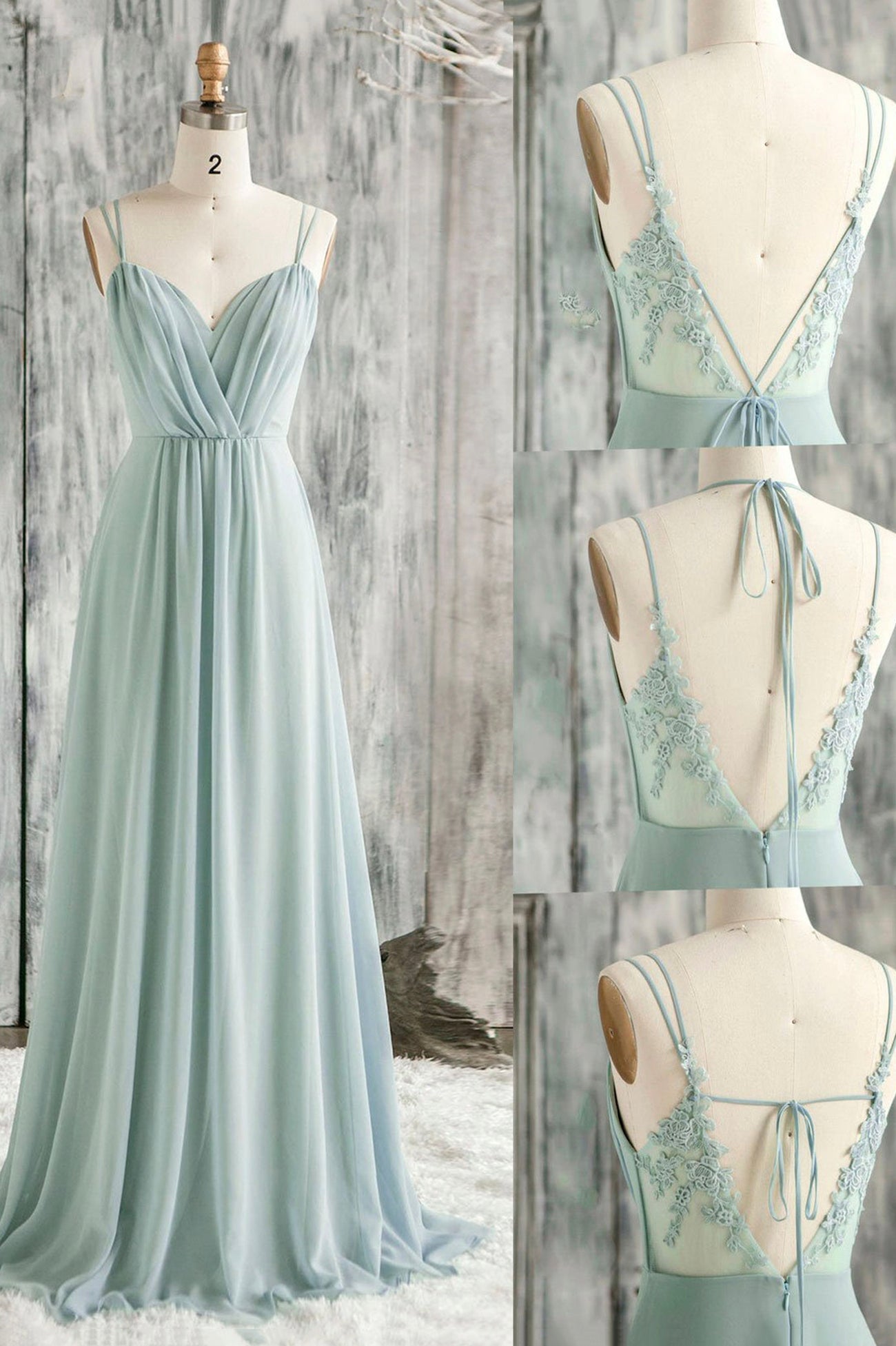 A-Line Chiffon Lace Long Corset Prom Dress, Green Spaghetti Strap Backless Evening Dress outfit, Bridesmaid Dresses Summer Wedding