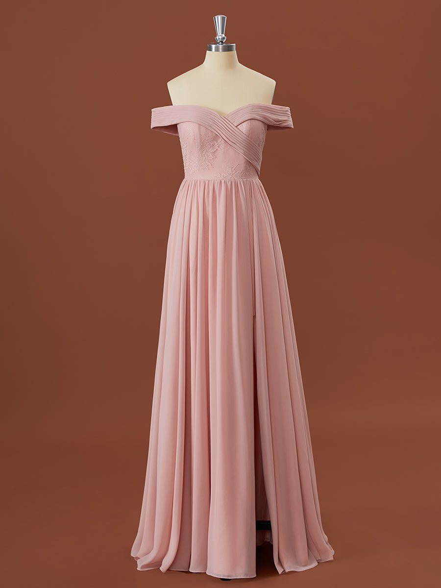 A-line Chiffon Off-the-Shoulder Appliques Lace Floor-Length Corset Bridesmaid Dress outfit, Formal Dresses Ballgown