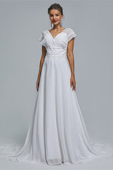 A-Line Chiffon V-Neck Applique Floor-Length Corset Wedding Dresses outfit, Wedding Dresses Trending