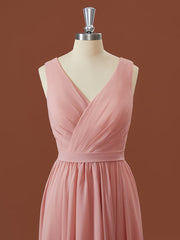 A-line Chiffon V-neck Pleated Asymmetrical Corset Bridesmaid Dress outfit, Formal Dress To Attend Wedding