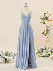 A-line Chiffon V-neck Pleated Floor-Length Corset Bridesmaid Dress outfit, Formal Dresses Black