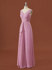 A-line Chiffon V-neck Pleated Floor-Length Corset Bridesmaid Dress outfit, Formal Dresses Ideas
