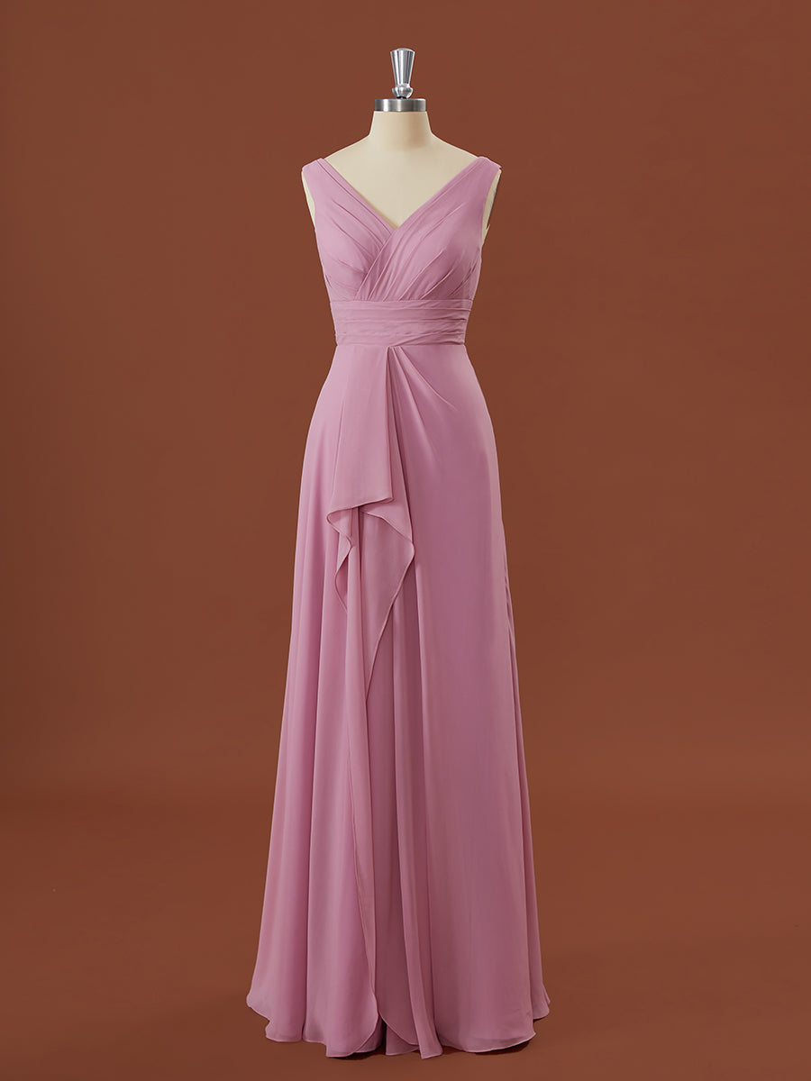 A-line Chiffon V-neck Pleated Floor-Length Corset Bridesmaid Dress outfit, Formal Dresses Elegant