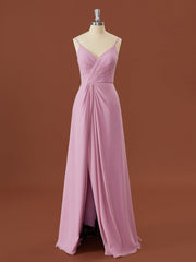 A-line Chiffon V-neck Pleated Floor-Length Corset Bridesmaid Dress outfit, Royal Dress