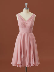 A-line Chiffon V-neck Pleated Short/Mini Corset Bridesmaid Dress outfit, Formal Dresses Long Sleeved