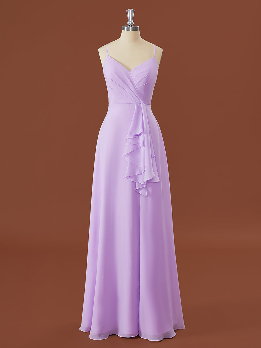 A-line Chiffon V-neck Ruffles Floor-Length Corset Bridesmaid Dress outfit, Formal Dressing For Wedding