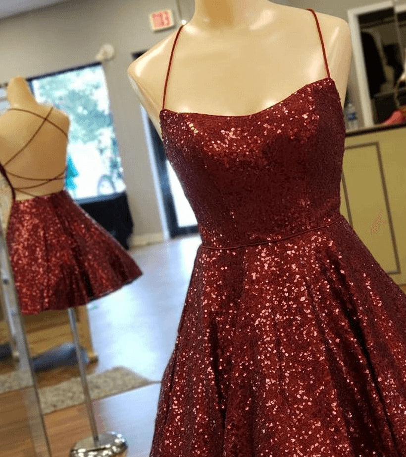 A Line Criss Cross Straps Back Burgundy Sequins Corset Homecoming Dress outfit, Prom Dresses Blushes