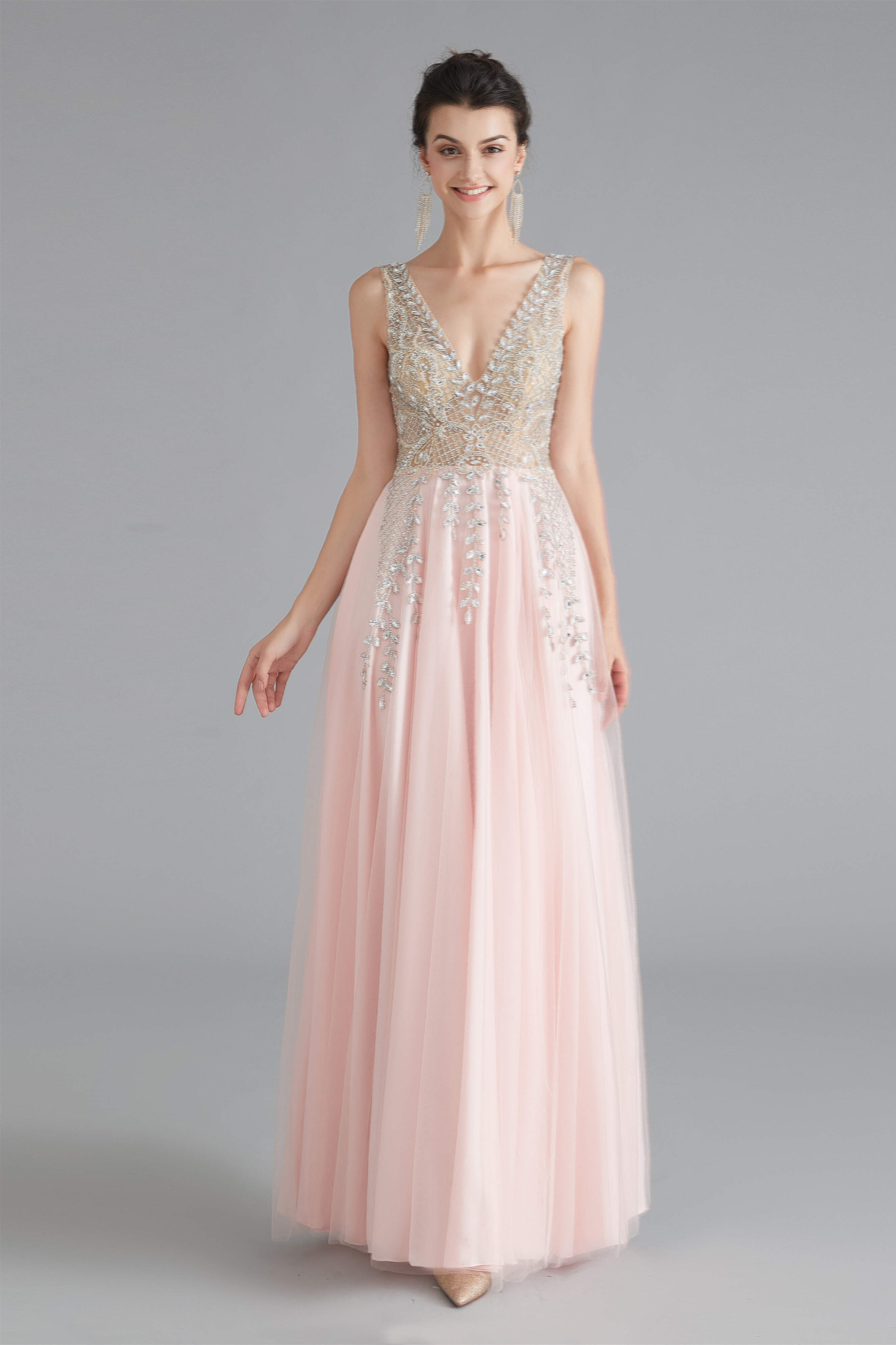 A Line Crystal Pink Split V Neck Backless Beaded Corset Prom Dresses outfit, Homecoming Dresses