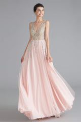 A Line Crystal Pink Split V Neck Backless Beaded Corset Prom Dresses outfit, Sundress