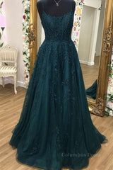 A Line Dark Green Tulle Lace Long Corset Prom Dress, Dark Green Lace Corset Formal Graduation Evening Dress outfit, Bridesmaid Dress Shops Near Me