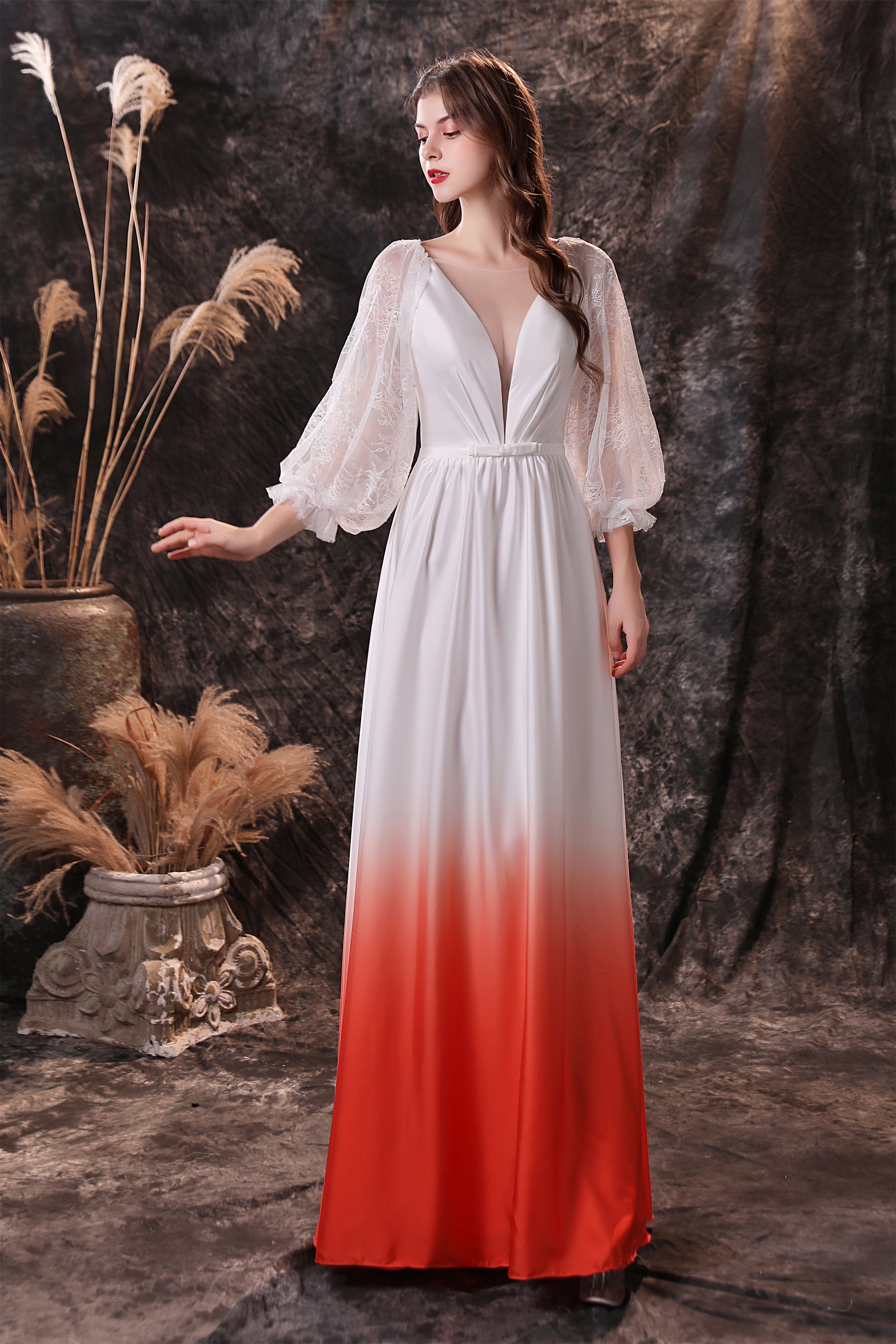 A Line Deep V-Neck Long Sleeve Ombre Silk Like Floor Length Corset Prom Dresses outfit, Bridesmaids Dresses Orange