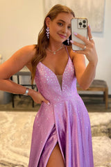 A Line Deep V Neck Purple Long Corset Prom Dress with Beading outfit, A Line Deep V Neck Purple Long Prom Dress with Beading
