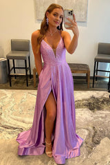 A Line Deep V Neck Purple Long Corset Prom Dress with Beading outfit, A Line Deep V Neck Purple Long Prom Dress with Beading
