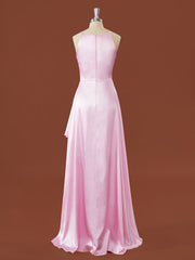 A-line Elastic Woven Satin Halter Ruffles Floor-Length Corset Bridesmaid Dress outfit, Formal Dress For Winter