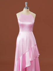 A-line Elastic Woven Satin Halter Ruffles Floor-Length Corset Bridesmaid Dress outfit, Formal Dresses Pink