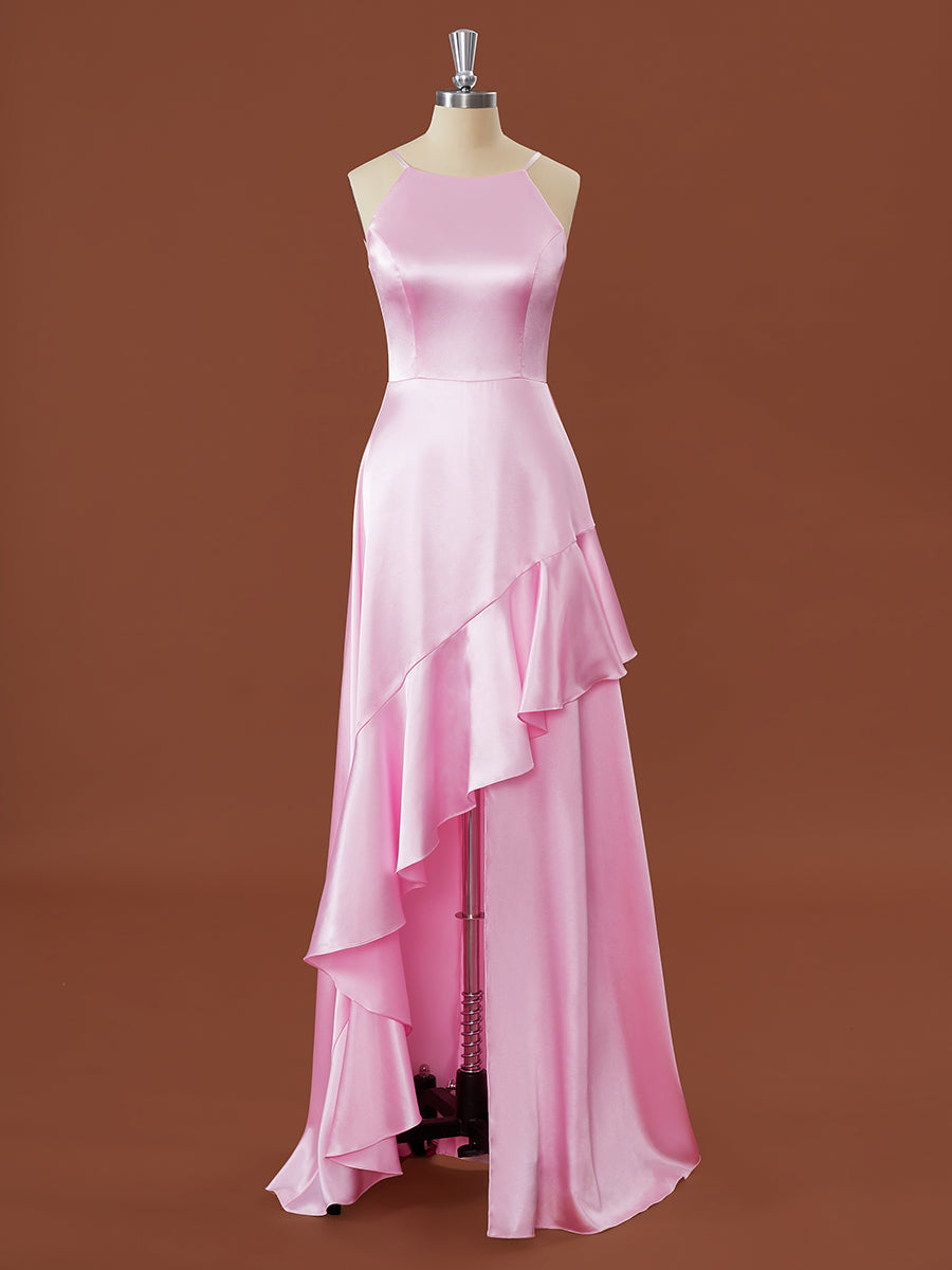 A-line Elastic Woven Satin Halter Ruffles Floor-Length Corset Bridesmaid Dress outfit, Formal Dress Winter