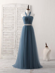 A-Line Gray Blue Tulle Long Corset Bridesmaid Dress Gray Blue Corset Prom Dress outfits, Party Dresses Mini