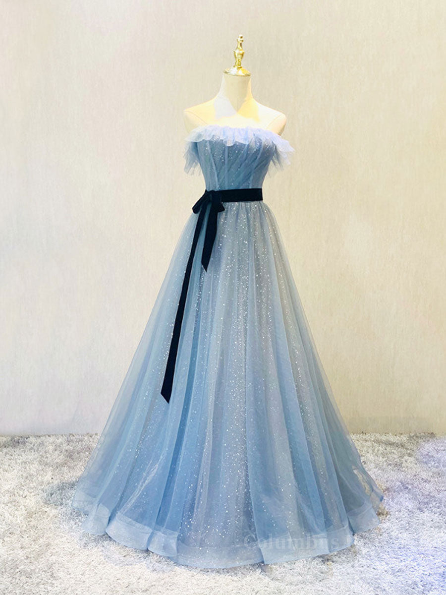 A-Line Gray Blue Tulle Long Corset Prom Dress, Gray Blue Long Corset Formal Dress outfit, Wedding Guest Outfit