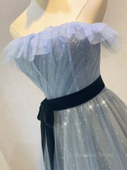 A-Line Gray Blue Tulle Long Corset Prom Dress, Gray Blue Long Corset Formal Dress outfit, Reception Dress