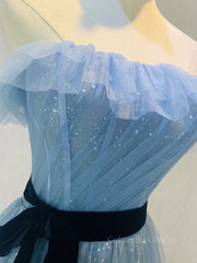 A-Line Gray Blue Tulle Long Corset Prom Dress, Gray Blue Long Corset Formal Dress outfit, Cute Dress