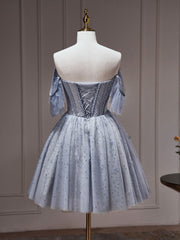 A-Line Gray Blue Tulle Short Corset Prom Dress. Cute Gray Blue Corset Homecoming Dress outfit, Homecome Dresses Short Prom