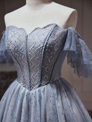 A-Line Gray Blue Tulle Short Corset Prom Dress. Cute Gray Blue Corset Homecoming Dress outfit, Homecoming Dresses Vintage